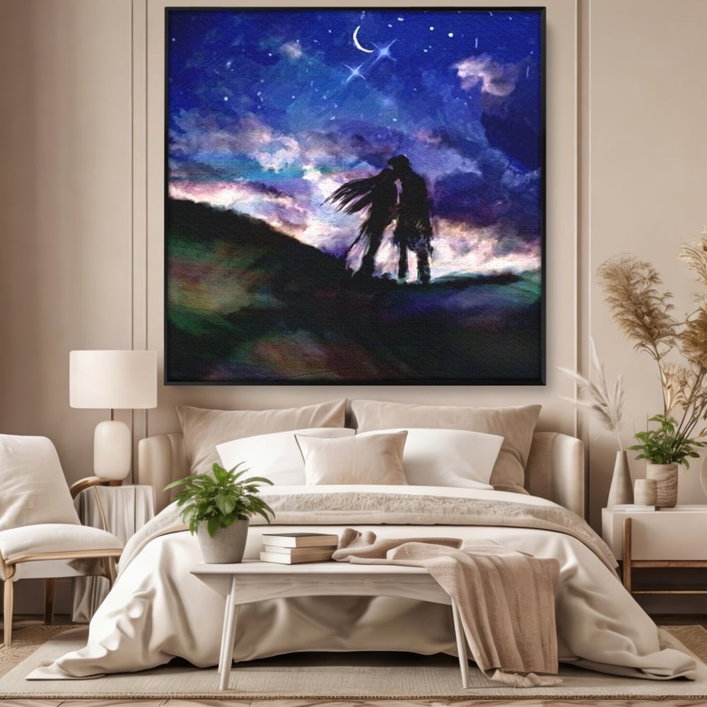 Tablou canvas cu tablou canvas cu cuplu sarutandu-se sub cerul instelat, in rama de aluminiu negru, pe perete intr-un dormitor